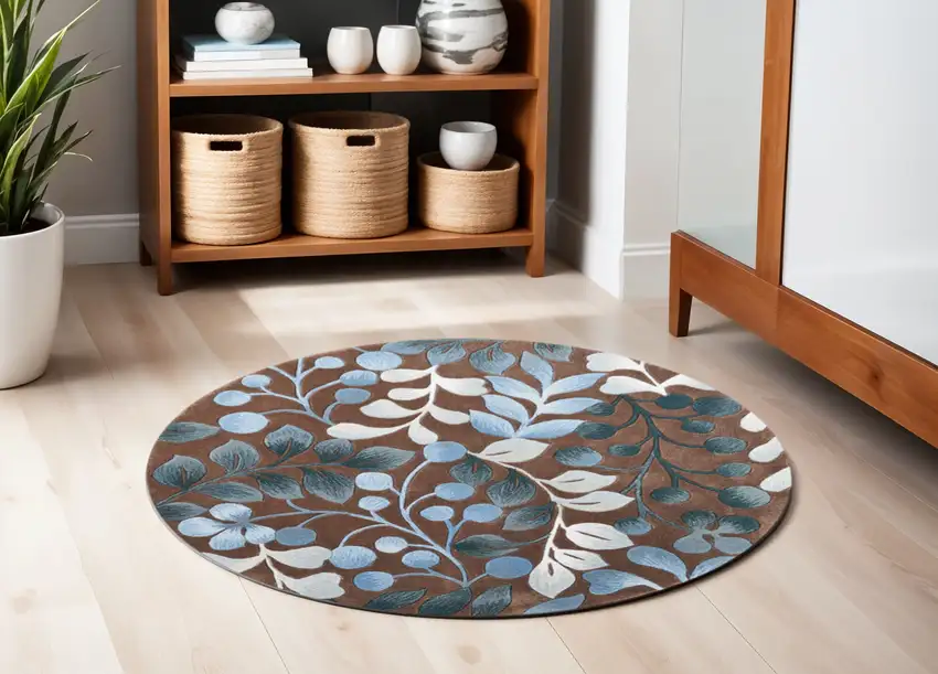 5' Brown Botanical Leaves Round Rug Photo 2
