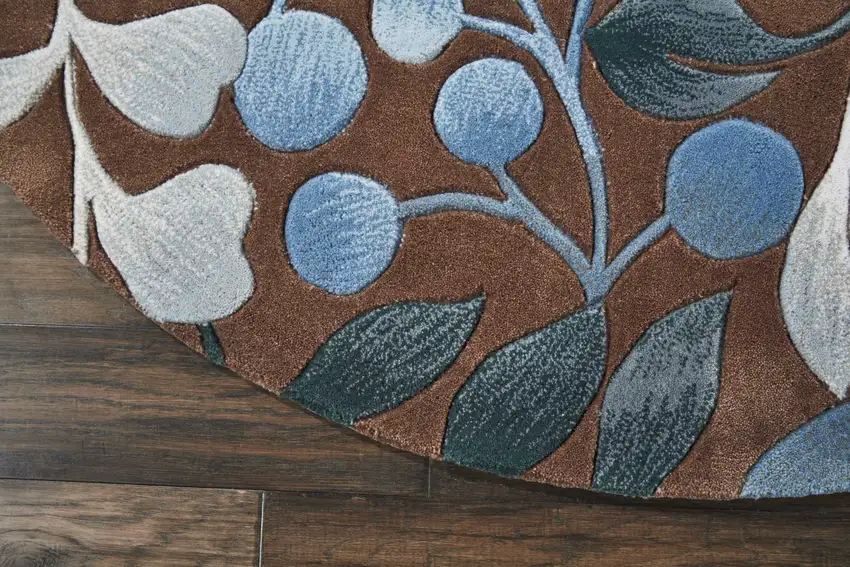 5' Brown Botanical Leaves Round Rug Photo 5