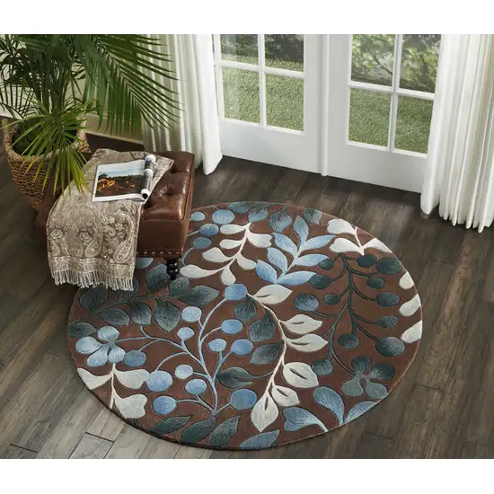 5' Brown Botanical Leaves Round Rug Photo 5