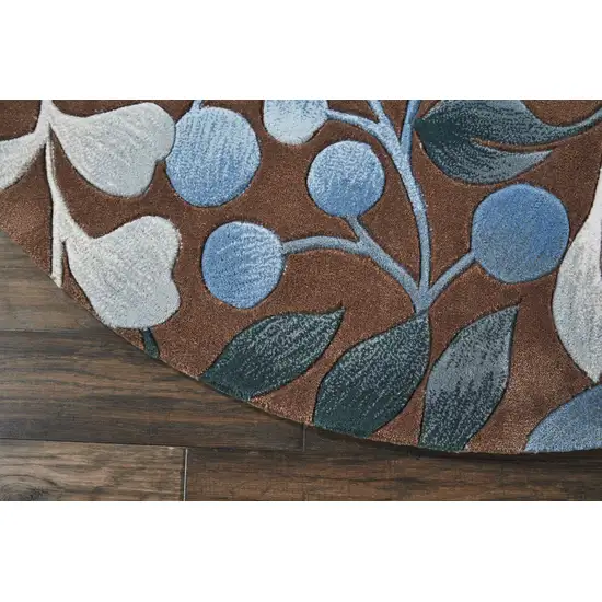 5' Brown Botanical Leaves Round Rug Photo 7
