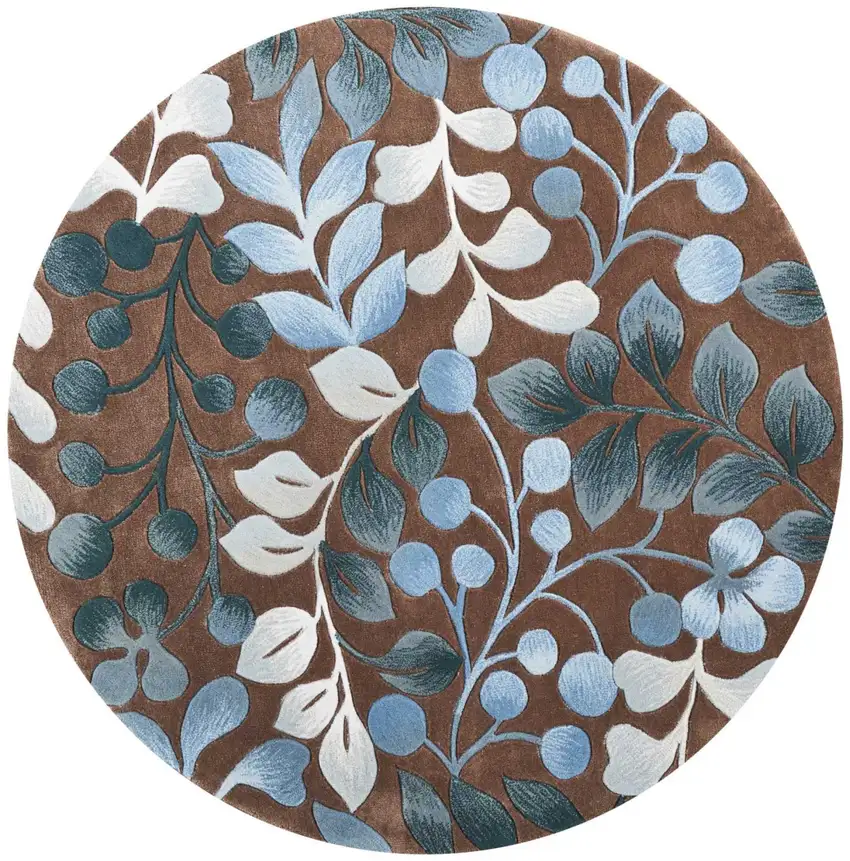 5' Brown Botanical Leaves Round Rug Photo 4