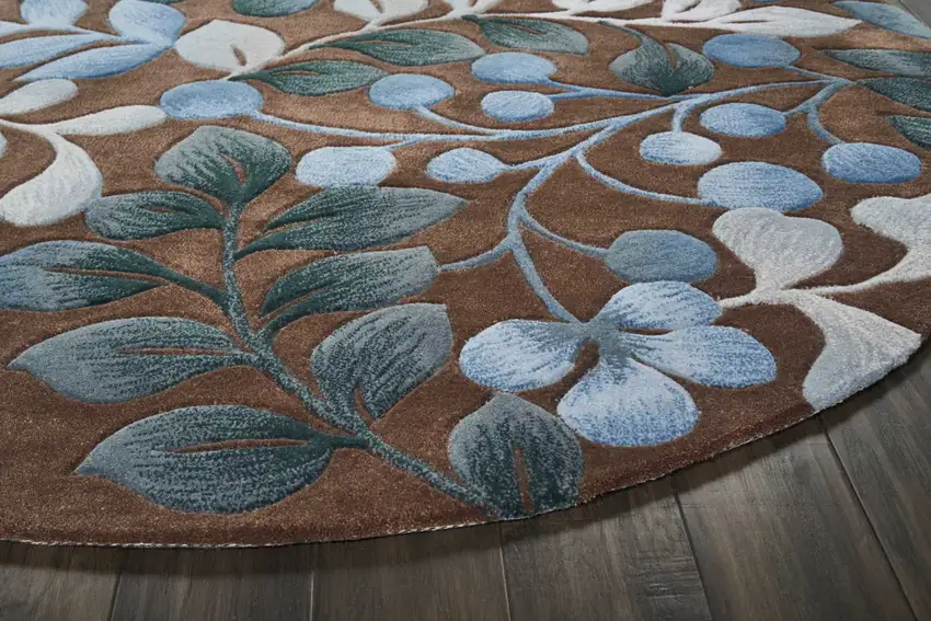 5' Brown Botanical Leaves Round Rug Photo 6
