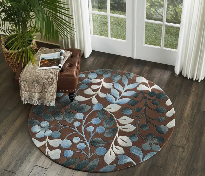 5' Brown Botanical Leaves Round Rug Photo 7