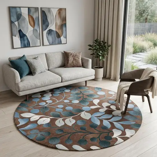 8' Brown Botanical Leaves Round Rug Photo 1