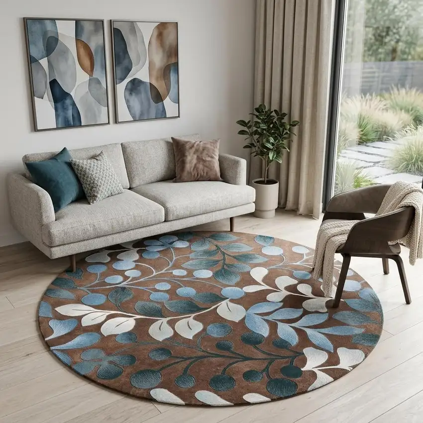 8' Brown Botanical Leaves Round Rug Photo 1