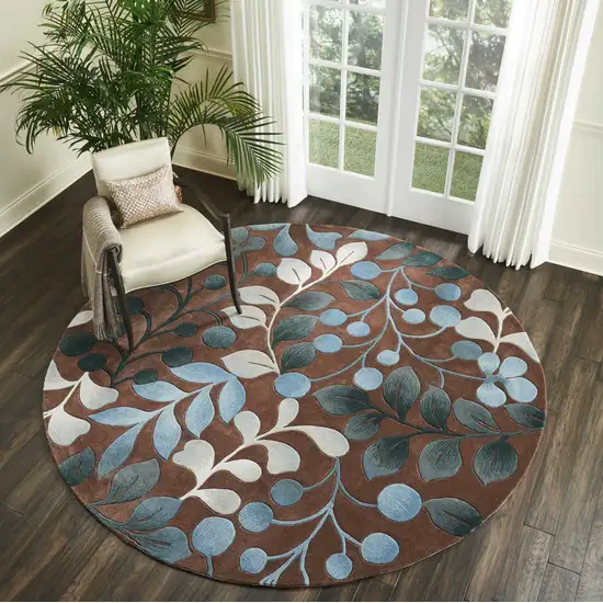 8' Brown Botanical Leaves Round Rug Photo 4
