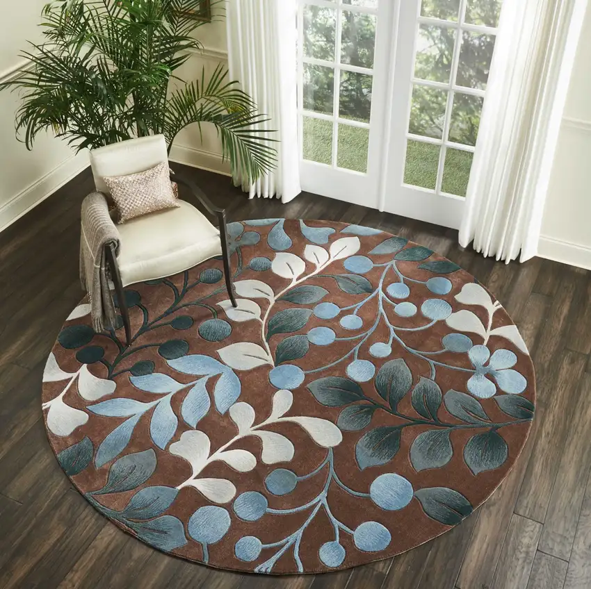8' Brown Botanical Leaves Round Rug Photo 4