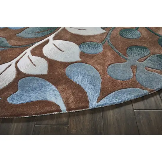 8' Brown Botanical Leaves Round Rug Photo 6