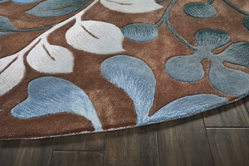 8' Brown Botanical Leaves Round Rug Photo 6