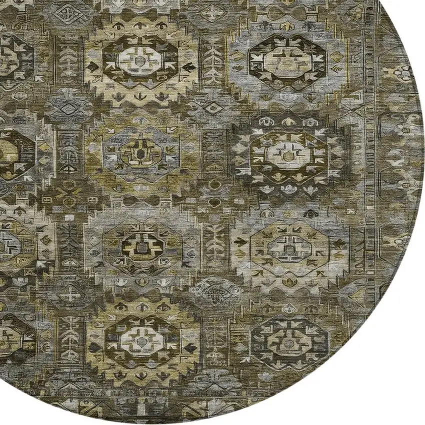 8' Brown Charcoal And Beige Round Medallion Washable Indoor Outdoor Area Rug Photo 4