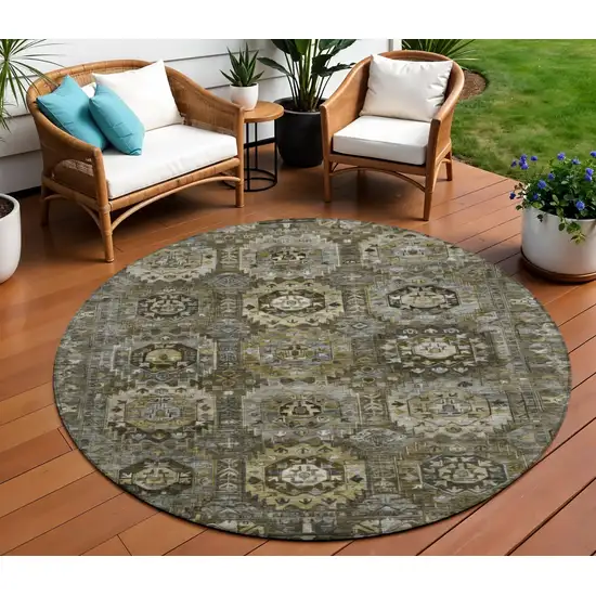 8' Brown Charcoal And Beige Round Medallion Washable Indoor Outdoor Area Rug Photo 2