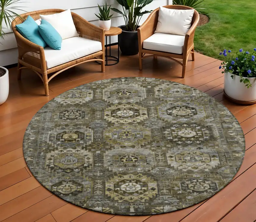8' Brown Charcoal And Beige Round Medallion Washable Indoor Outdoor Area Rug Photo 2
