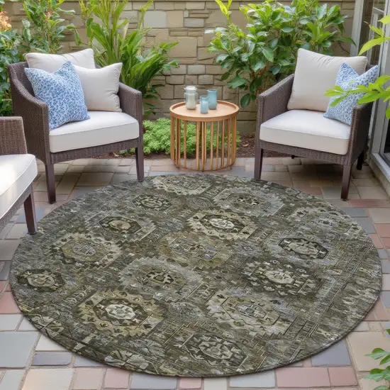 8' Brown Charcoal And Beige Round Medallion Washable Indoor Outdoor Area Rug Photo 5
