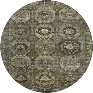Photo of 8' Brown Charcoal And Beige Round Medallion Washable Indoor Outdoor Area Rug