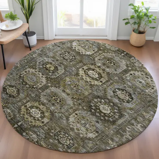 8' Brown Charcoal And Beige Round Medallion Washable Indoor Outdoor Area Rug Photo 6