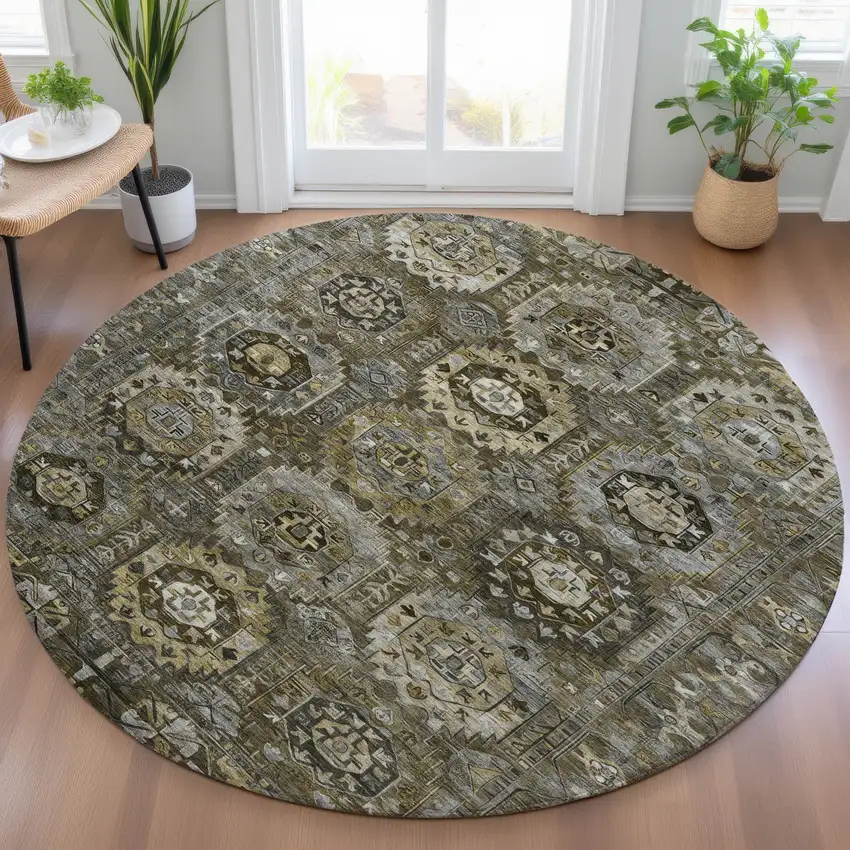 8' Brown Charcoal And Beige Round Medallion Washable Indoor Outdoor Area Rug Photo 6