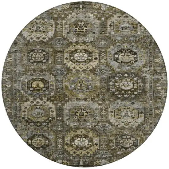8' Brown Charcoal And Beige Round Medallion Washable Indoor Outdoor Area Rug Photo 3