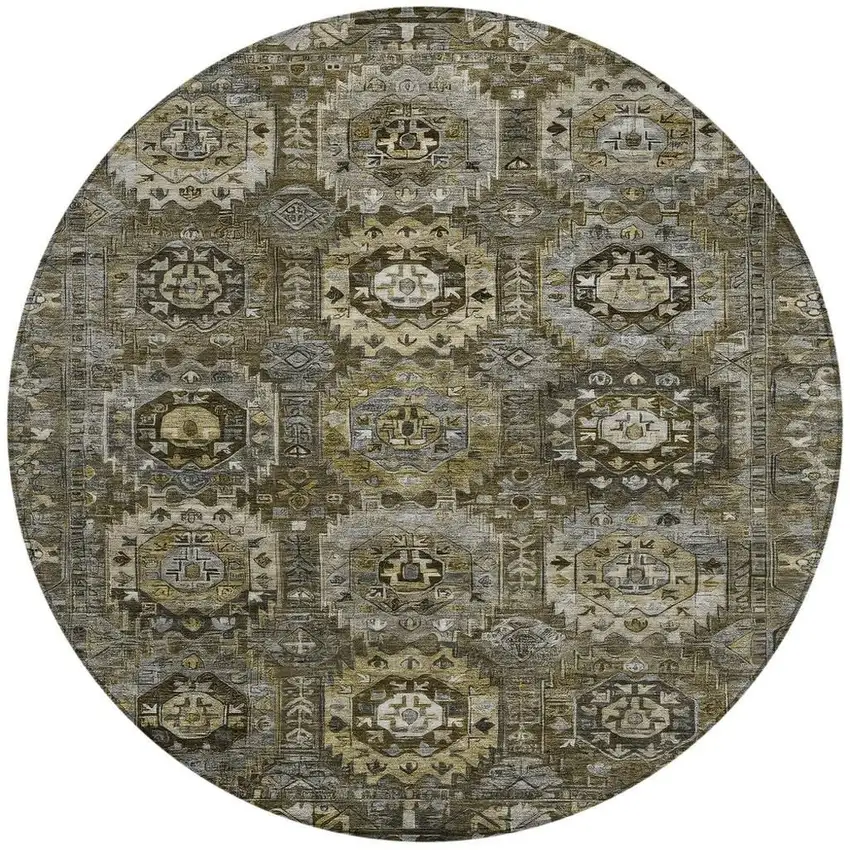 8' Brown Charcoal And Beige Round Medallion Washable Indoor Outdoor Area Rug Photo 3