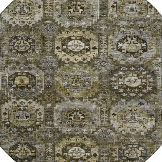 8' Brown Charcoal And Beige Round Medallion Washable Indoor Outdoor Area Rug Photo 8