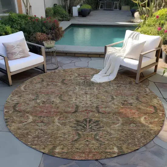 8' Brown Charcoal And Brick Red Round Damask Washable Indoor Outdoor Area Rug Photo 6