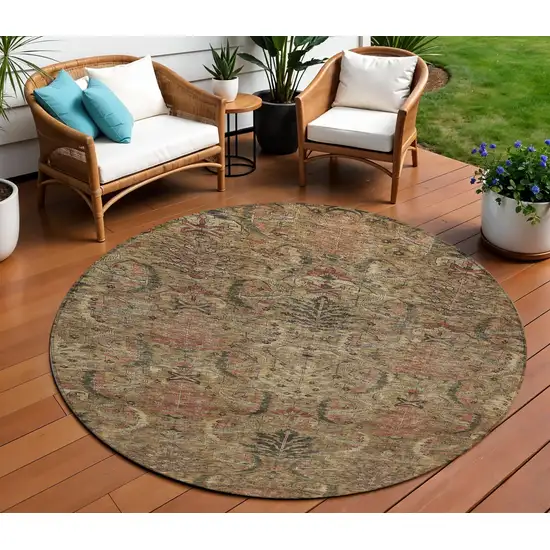 8' Brown Charcoal And Brick Red Round Damask Washable Indoor Outdoor Area Rug Photo 1