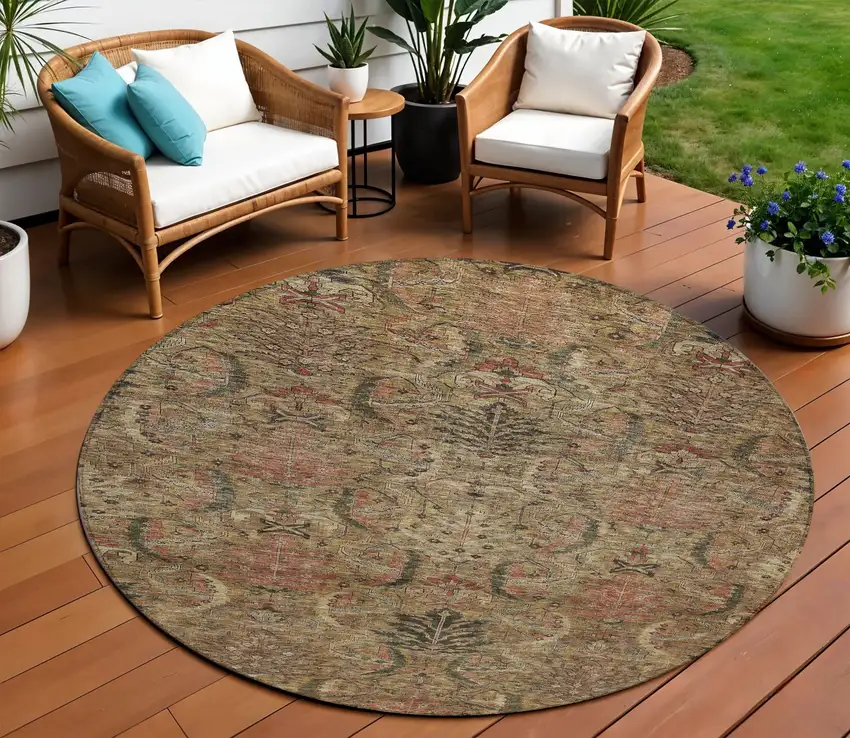 8' Brown Charcoal And Brick Red Round Damask Washable Indoor Outdoor Area Rug Photo 1
