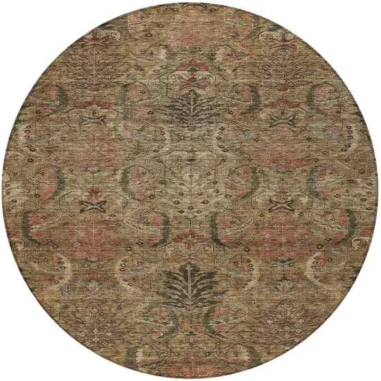 8' Brown Charcoal And Brick Red Round Damask Washable Indoor Outdoor Area Rug Photo 5
