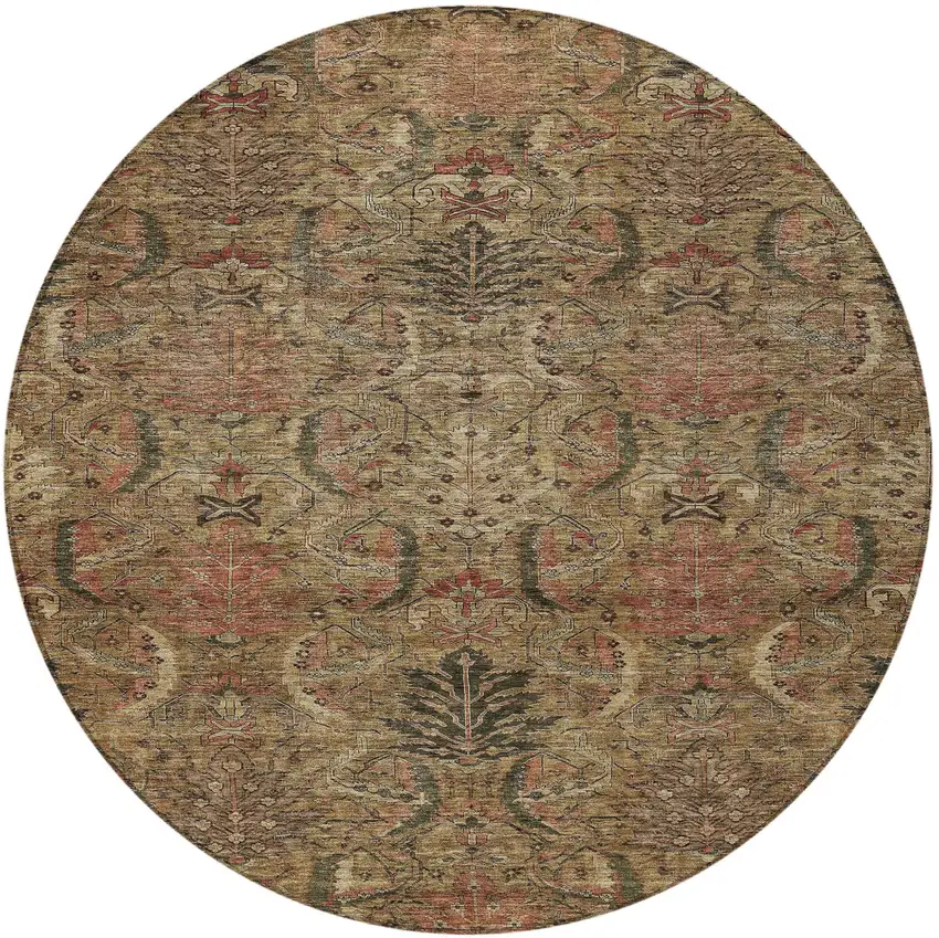 8' Brown Charcoal And Brick Red Round Damask Washable Indoor Outdoor Area Rug Photo 5