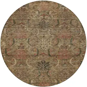 Photo of 8' Brown Charcoal And Brick Red Round Damask Washable Indoor Outdoor Area Rug