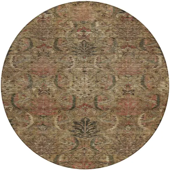 8' Brown Charcoal And Brick Red Round Damask Washable Indoor Outdoor Area Rug Photo 2