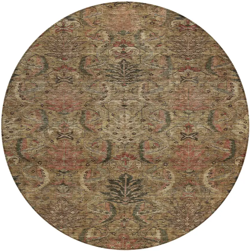 8' Brown Charcoal And Brick Red Round Damask Washable Indoor Outdoor Area Rug Photo 2