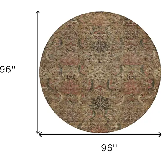 8' Brown Charcoal And Brick Red Round Damask Washable Indoor Outdoor Area Rug Photo 8