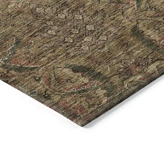8' Brown Charcoal And Brick Red Round Damask Washable Indoor Outdoor Area Rug Photo 4