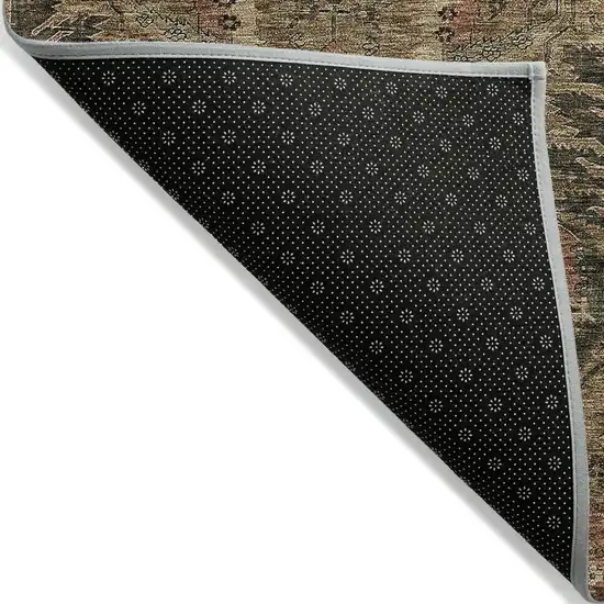 8' Brown Charcoal And Brick Red Round Damask Washable Indoor Outdoor Area Rug Photo 3