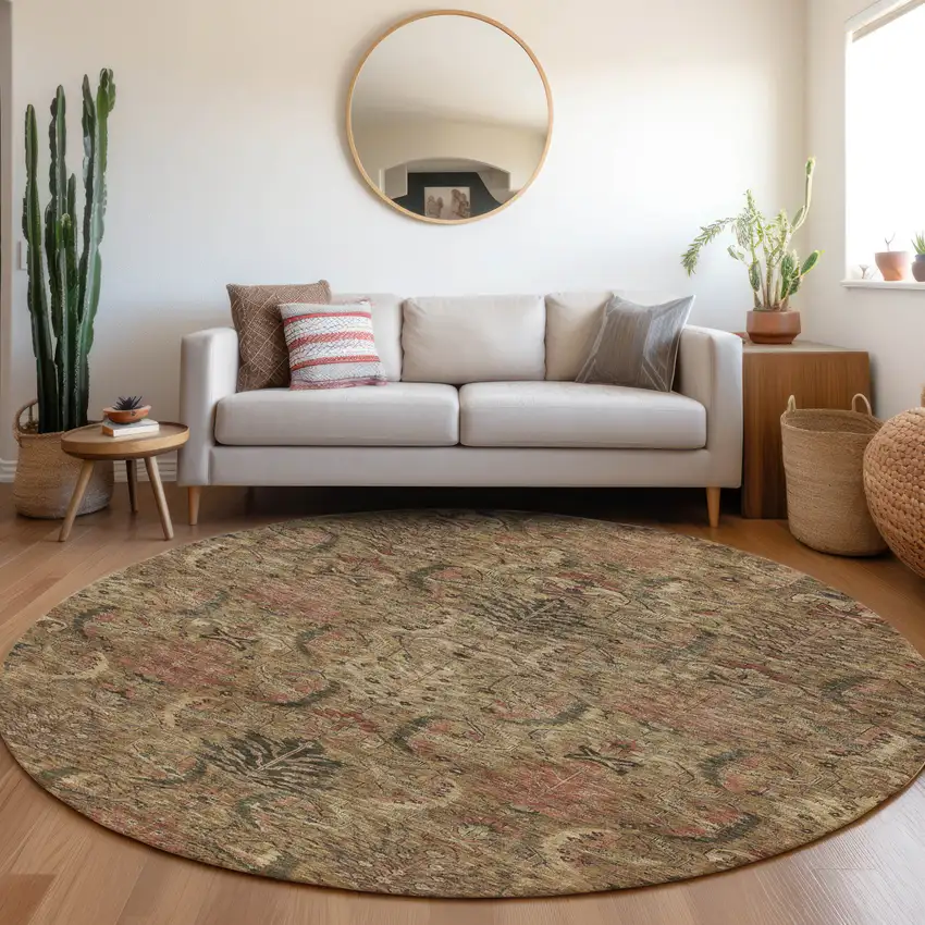 8' Brown Charcoal And Brick Red Round Damask Washable Indoor Outdoor Area Rug Photo 7