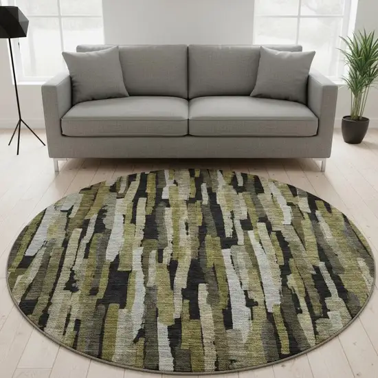 8' Brown Charcoal And Gray Striped Washable Round Rug With UV Protection Photo 2