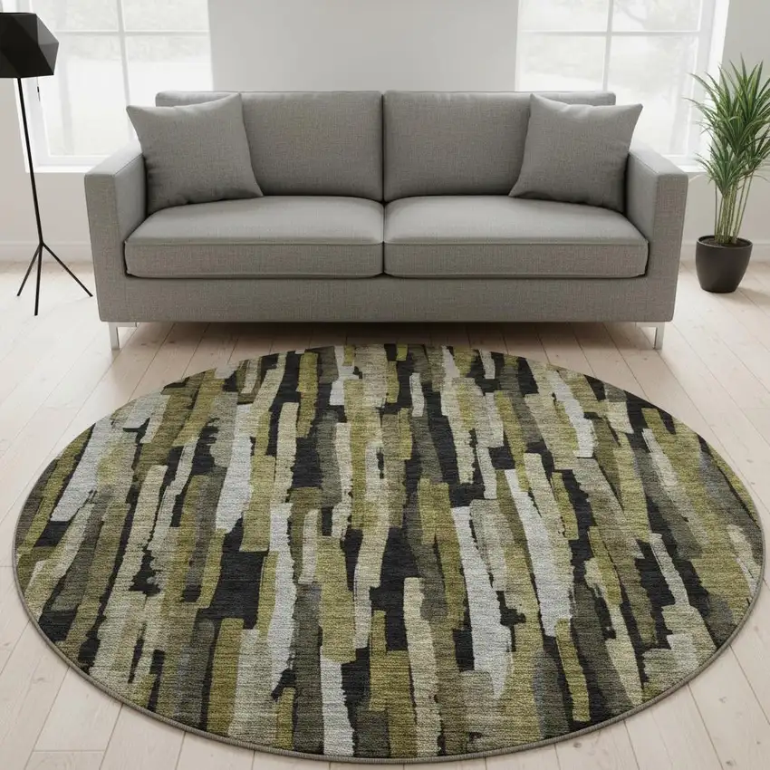 8' Brown Charcoal And Gray Striped Washable Round Rug With UV Protection Photo 2