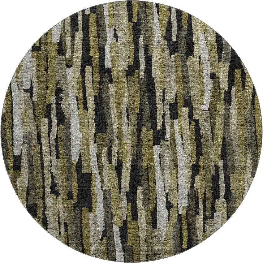 8' Brown Charcoal And Gray Striped Washable Round Rug With UV Protection Photo 1
