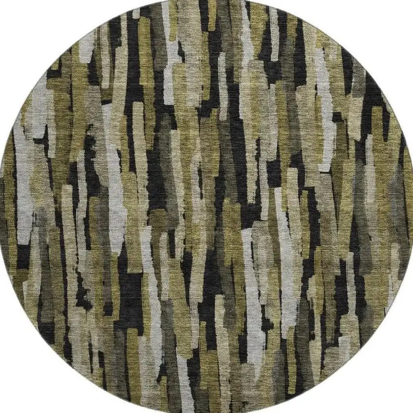 8' Brown Charcoal And Gray Striped Washable Round Rug With UV Protection Photo 3