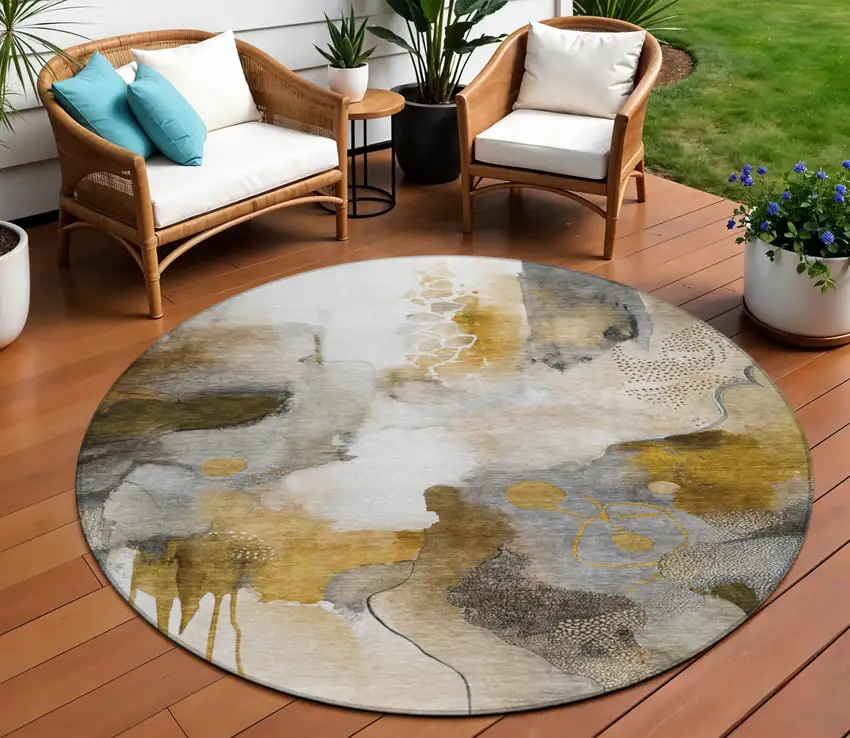 8' Brown Charcoal And Ivory Round Abstract Washable Indoor Outdoor Area Rug Photo 2