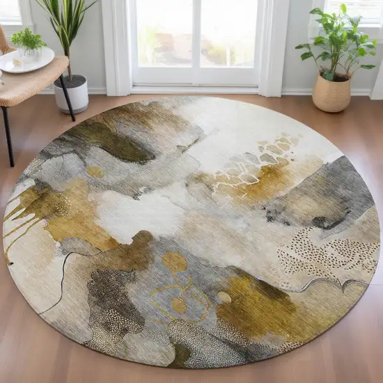 8' Brown Charcoal And Ivory Round Abstract Washable Indoor Outdoor Area Rug Photo 7