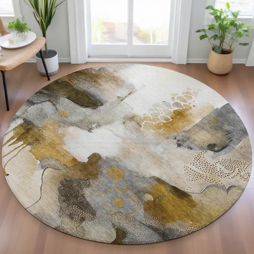 8' Brown Charcoal And Ivory Round Abstract Washable Indoor Outdoor Area Rug Photo 7