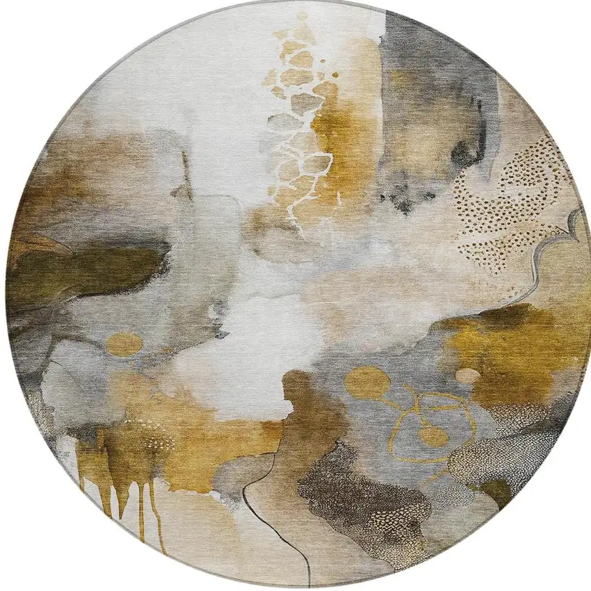 8' Brown Charcoal And Ivory Round Abstract Washable Indoor Outdoor Area Rug Photo 8