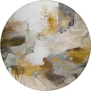 Photo of 8' Brown Charcoal And Ivory Round Abstract Washable Indoor Outdoor Area Rug
