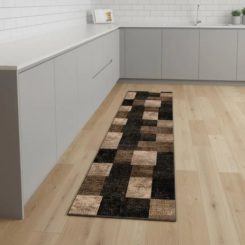 8' Brown Checkered Power Loom Runner Rug Photo 2