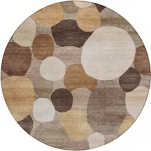 Photo of 8' Brown Copper And Beige Round Geometric Washable Indoor Outdoor Area Rug