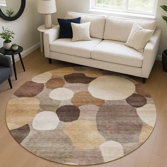 8' Brown Copper And Beige Round Geometric Washable Indoor Outdoor Area Rug Photo 5
