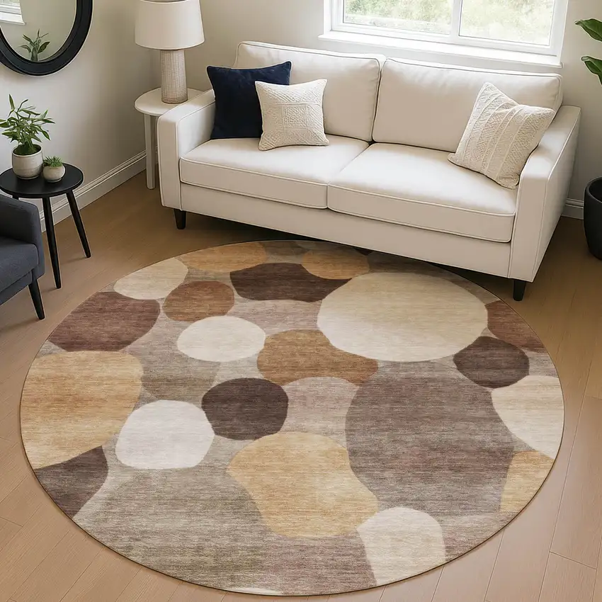 8' Brown Copper And Beige Round Geometric Washable Indoor Outdoor Area Rug Photo 5