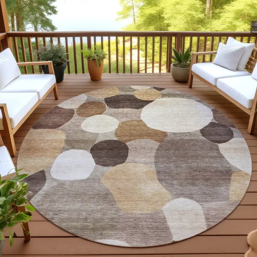 8' Brown Copper And Beige Round Geometric Washable Indoor Outdoor Area Rug Photo 4