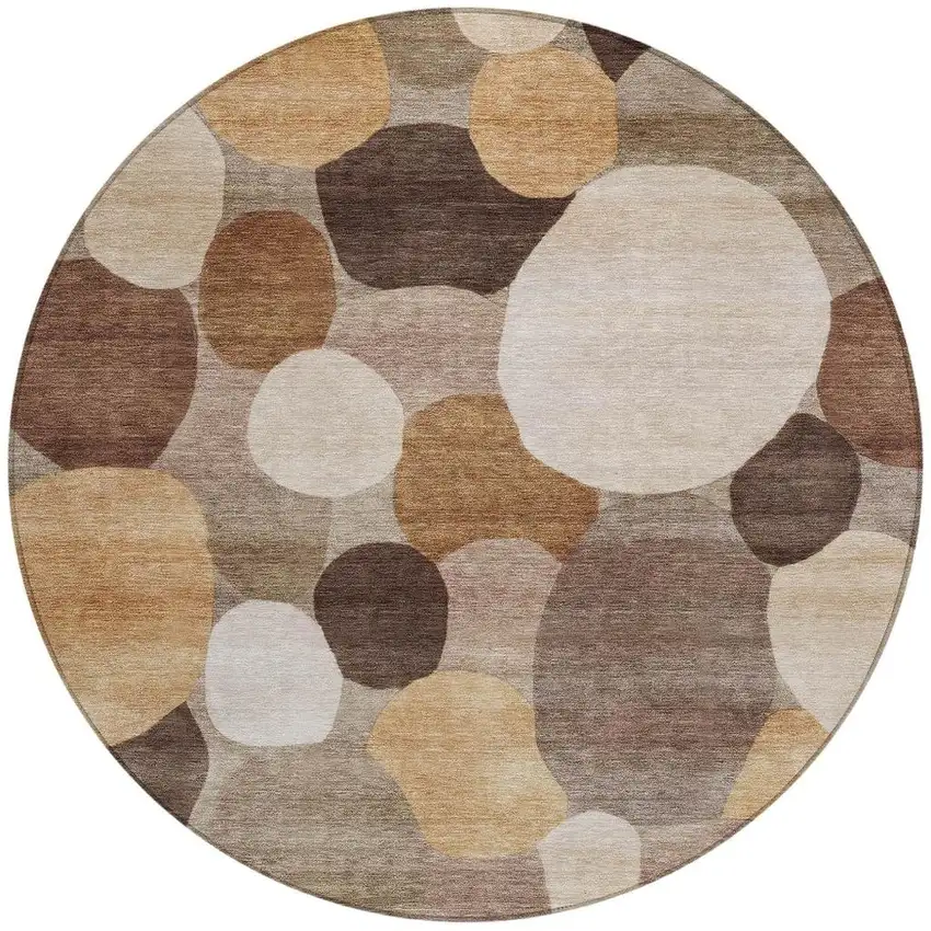 8' Brown Copper And Beige Round Geometric Washable Indoor Outdoor Area Rug Photo 2